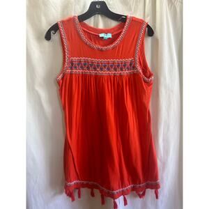 South Main Tassel Hem Boho Tank Top Women’s Small Coral Embroidered Festival